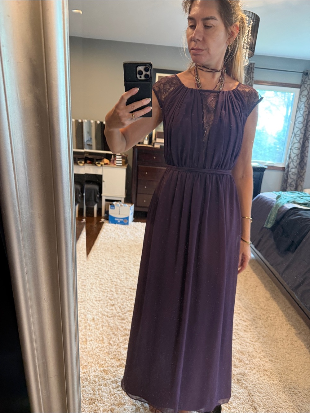 David's Bridal Deep Purple Lace-Shoulder Maxi Dress size 12